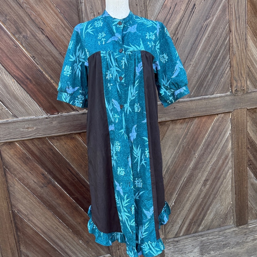 Floral Blue and Black Hawaiian Dress Vtg Muumuu Dress M Birds of Paradise